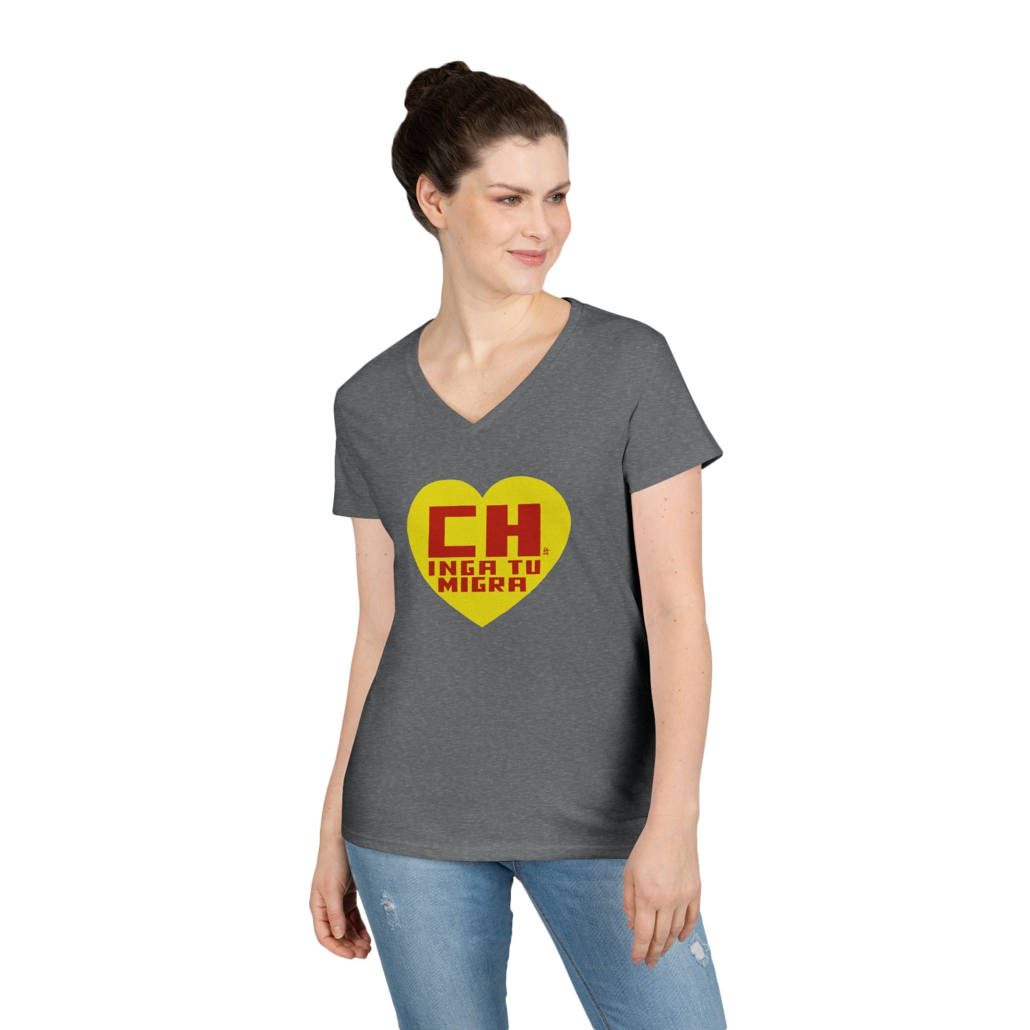 CHINGA TU MIGRA Heart Hero Ladies' V-Neck T-Shirt