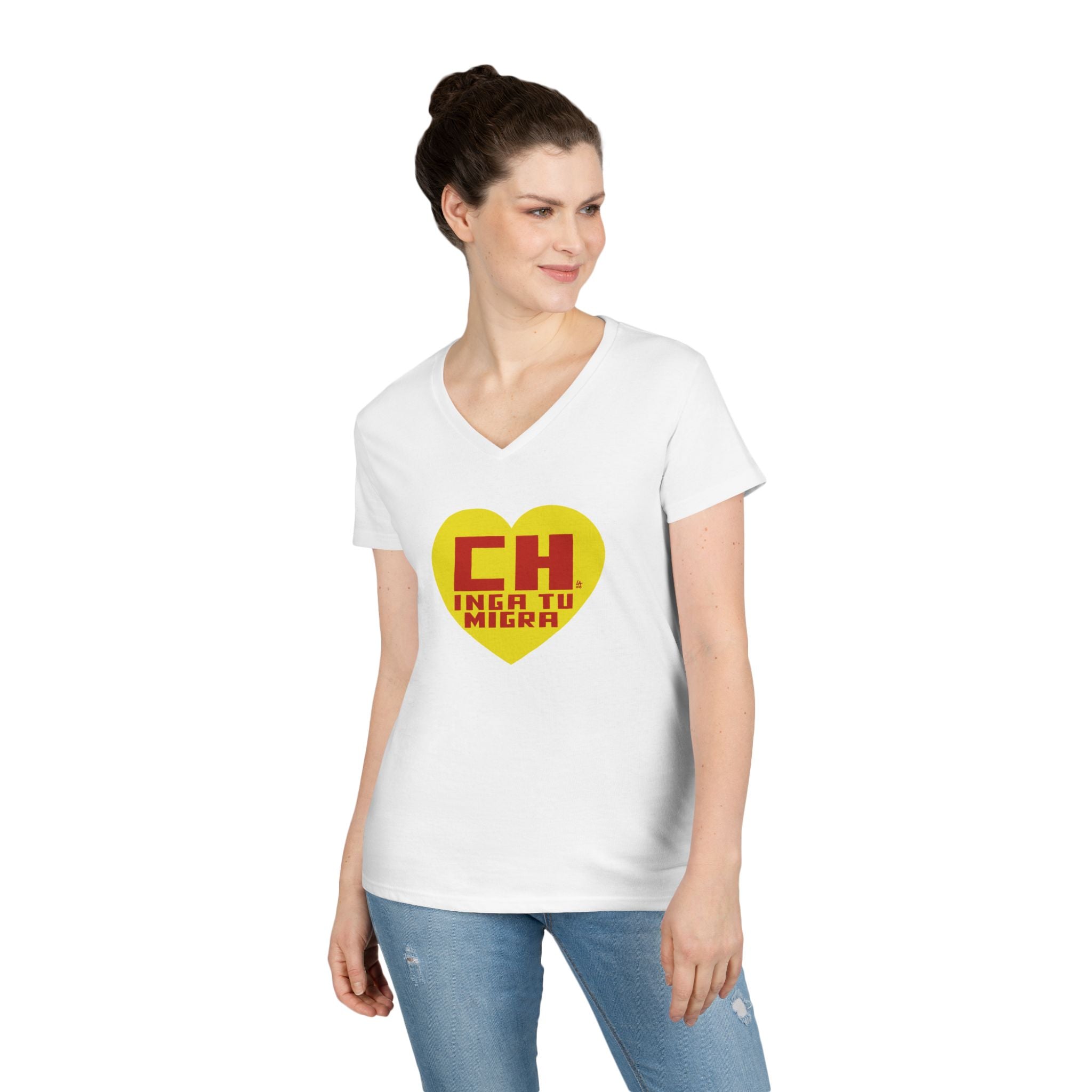 CHINGA TU MIGRA Heart Hero Ladies' V-Neck T-Shirt