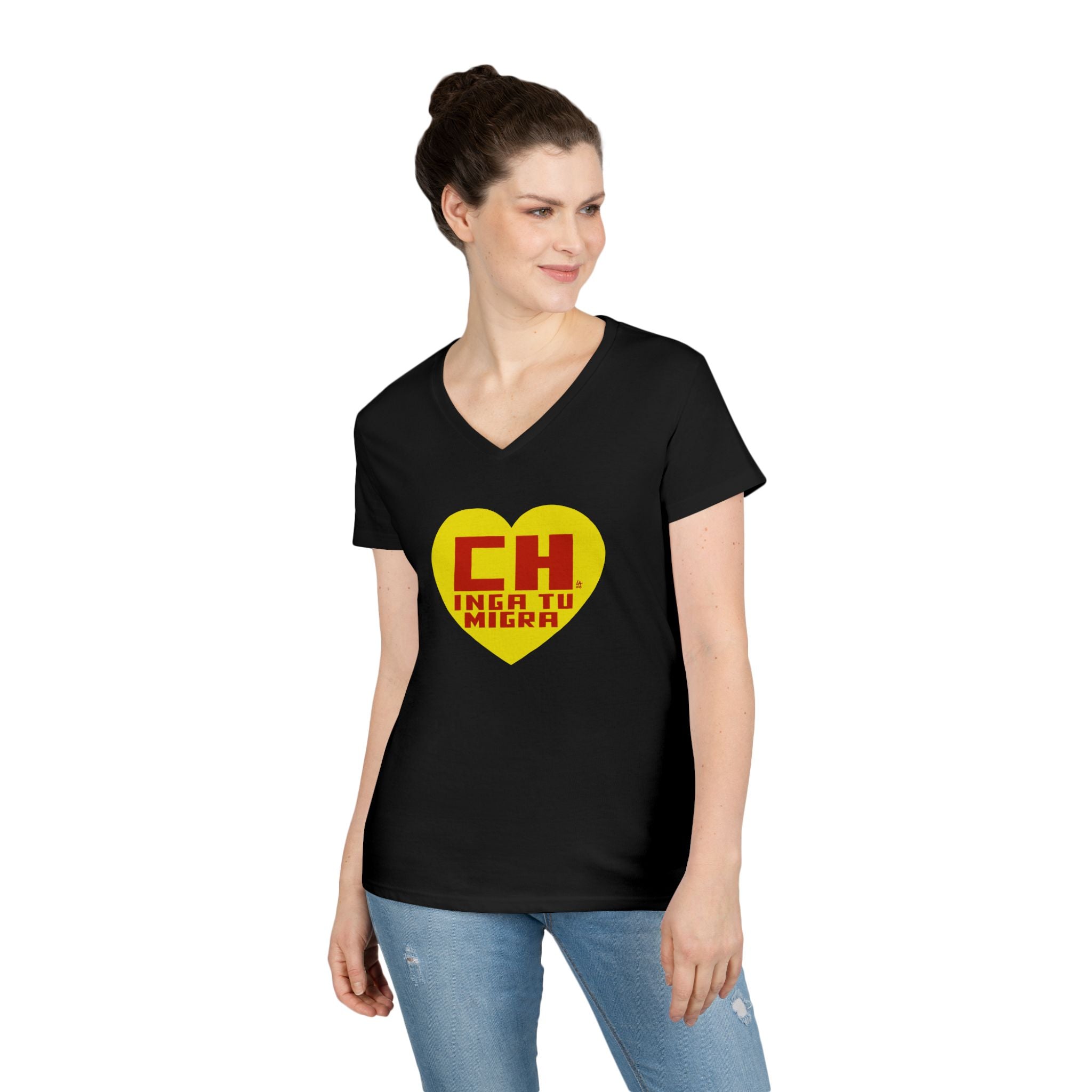 CHINGA TU MIGRA Heart Hero Ladies' V-Neck T-Shirt