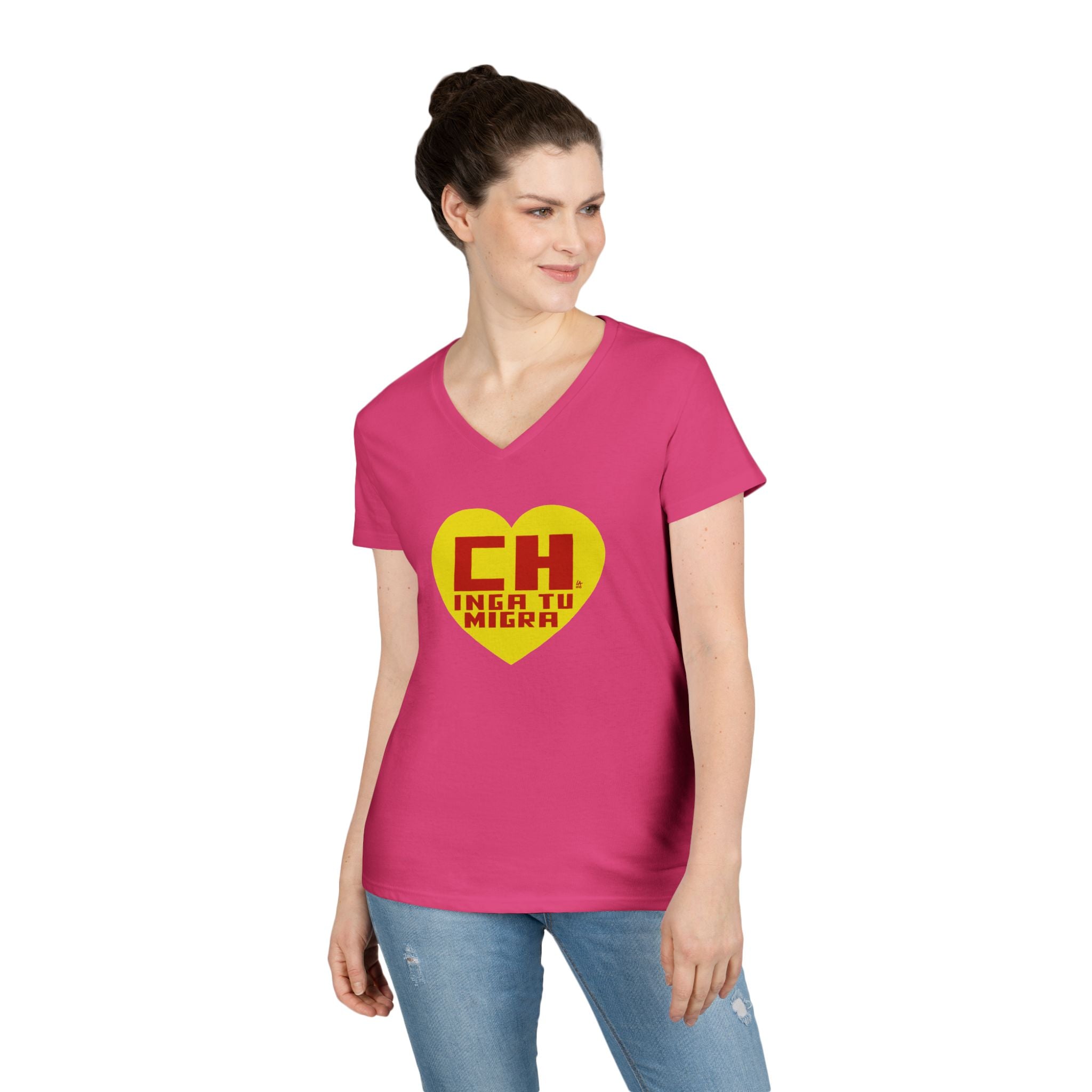 CHINGA TU MIGRA Heart Hero Ladies' V-Neck T-Shirt