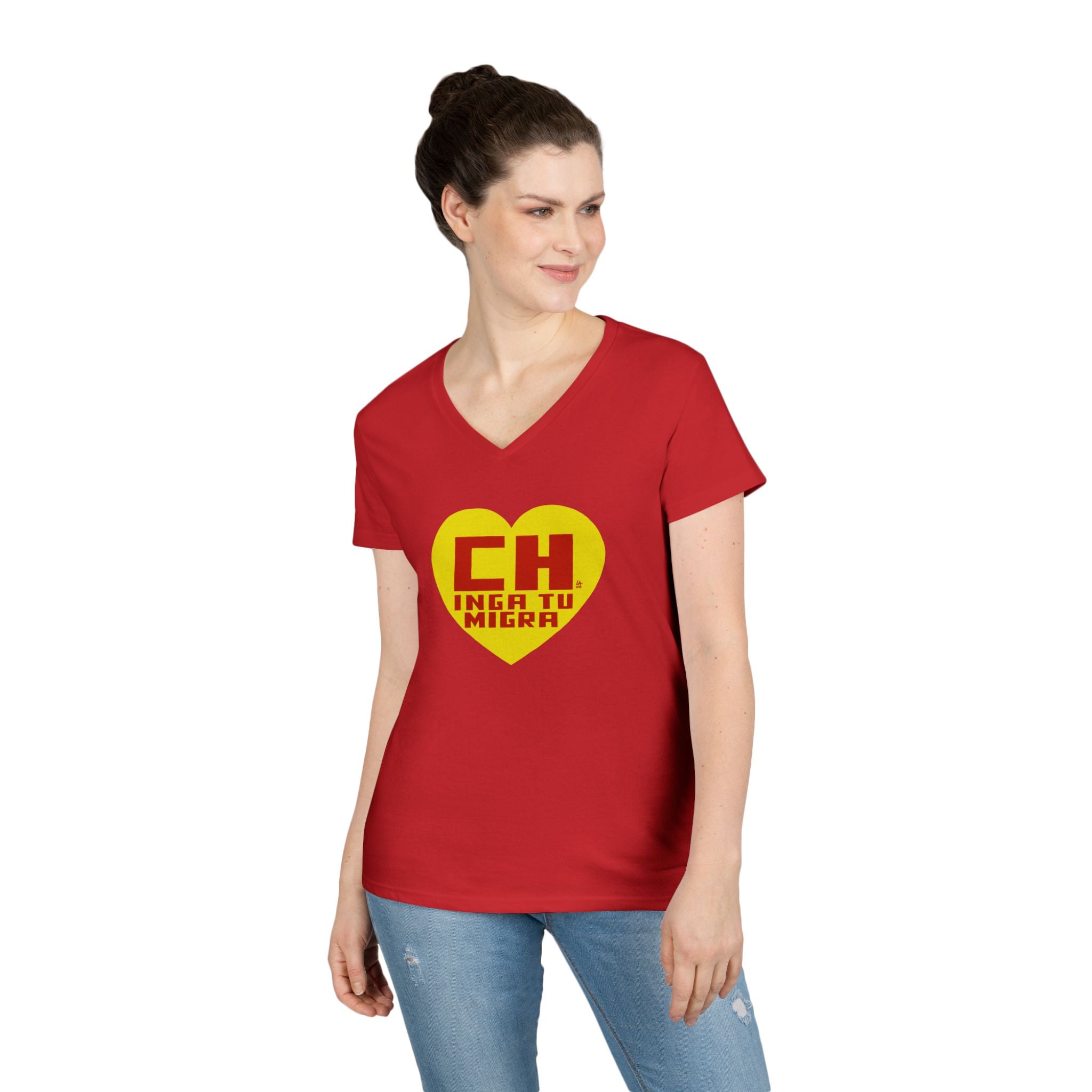 CHINGA TU MIGRA Heart Hero Ladies' V-Neck T-Shirt