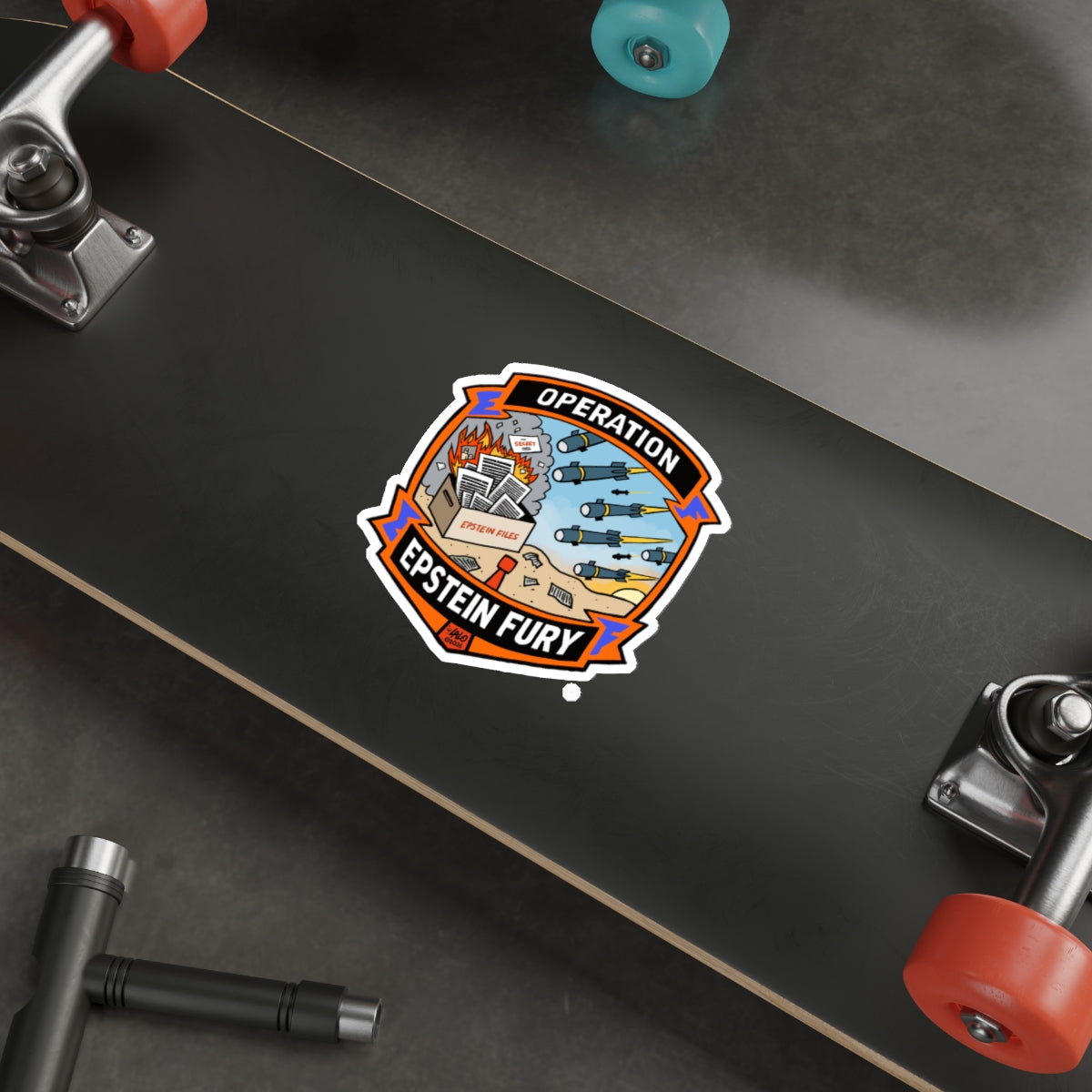 "Operation Epstein Fury" Graphic Emblem Die-Cut Sticker by LALO ALCARAZ