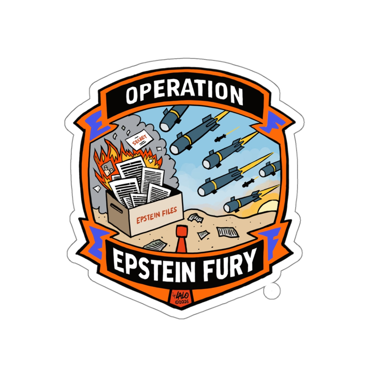 "Operation Epstein Fury" Graphic Emblem Die-Cut Sticker by LALO ALCARAZ