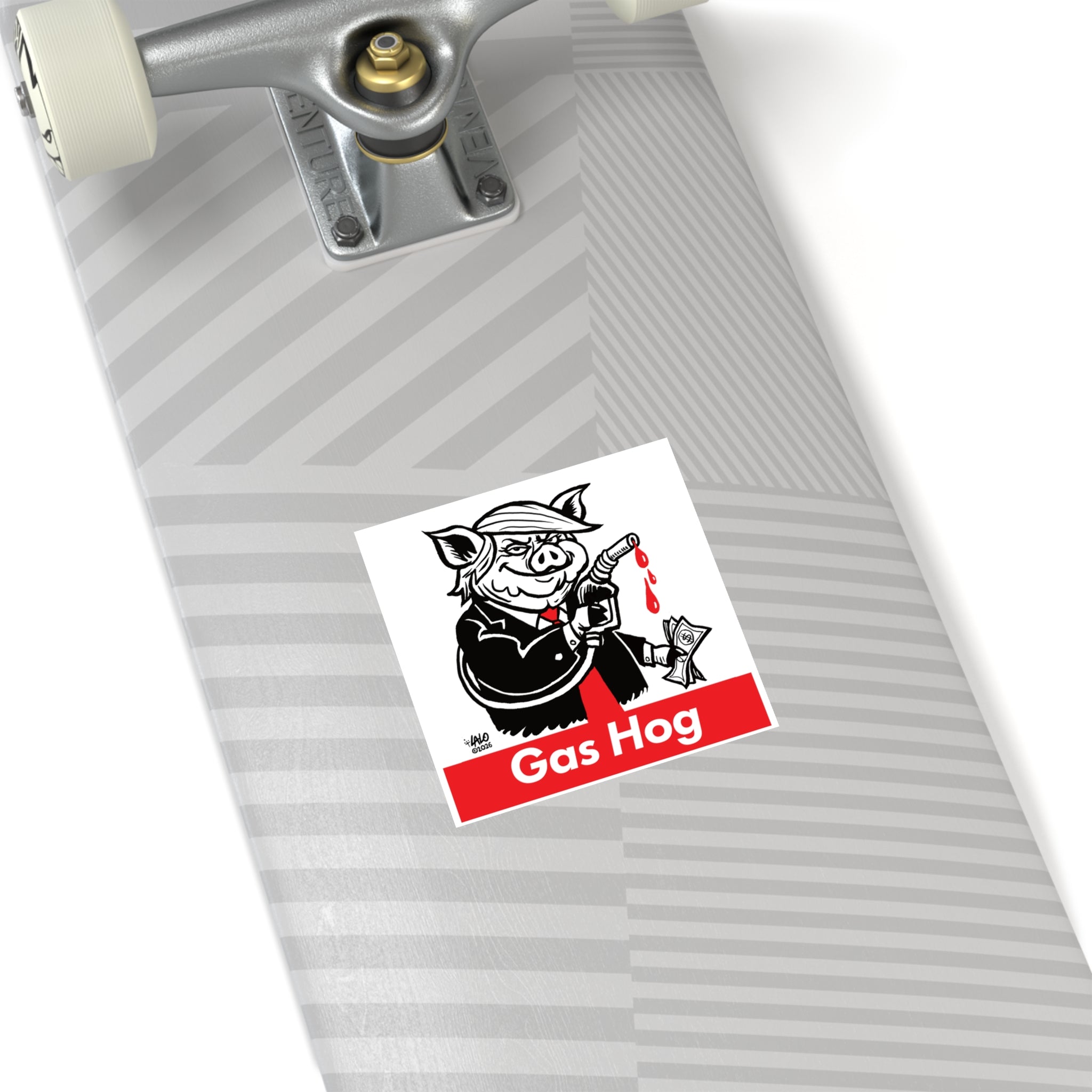 Gas Hog Square Sticker — Political Satire Pig Fuel Pump Design (Indoor/Outdoor) designed by LALO ALCARAZ