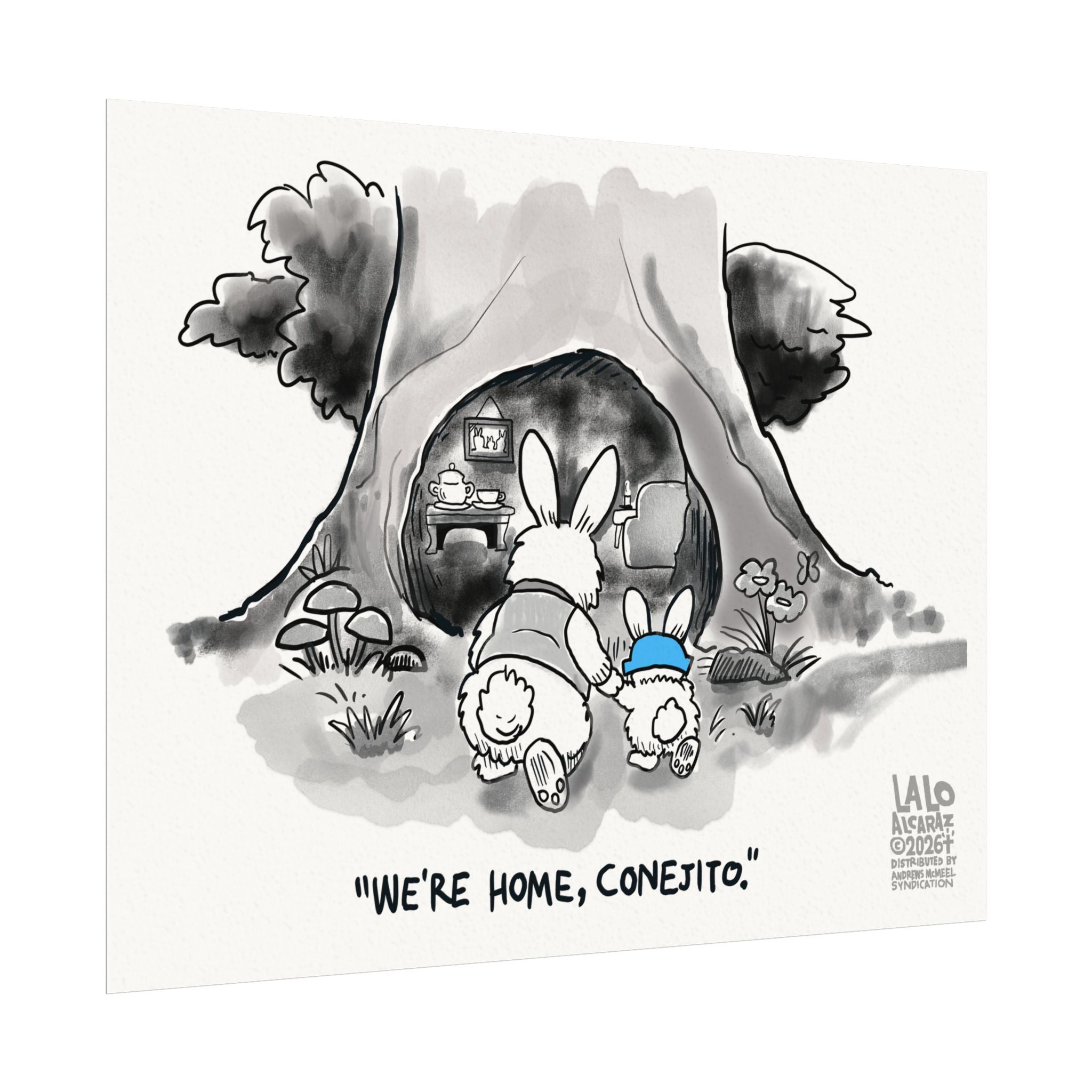 "We're Home, Conejito." Watercolor Poster Matte Art Print by Lalo Alcaraz