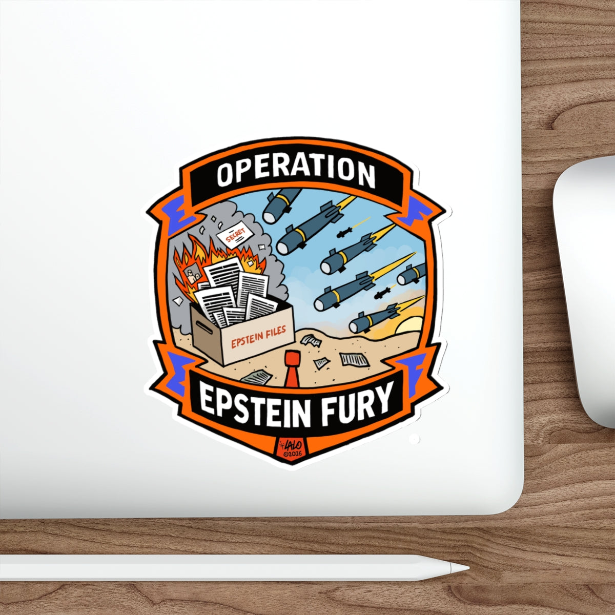 "Operation Epstein Fury" Graphic Emblem Die-Cut Sticker by LALO ALCARAZ