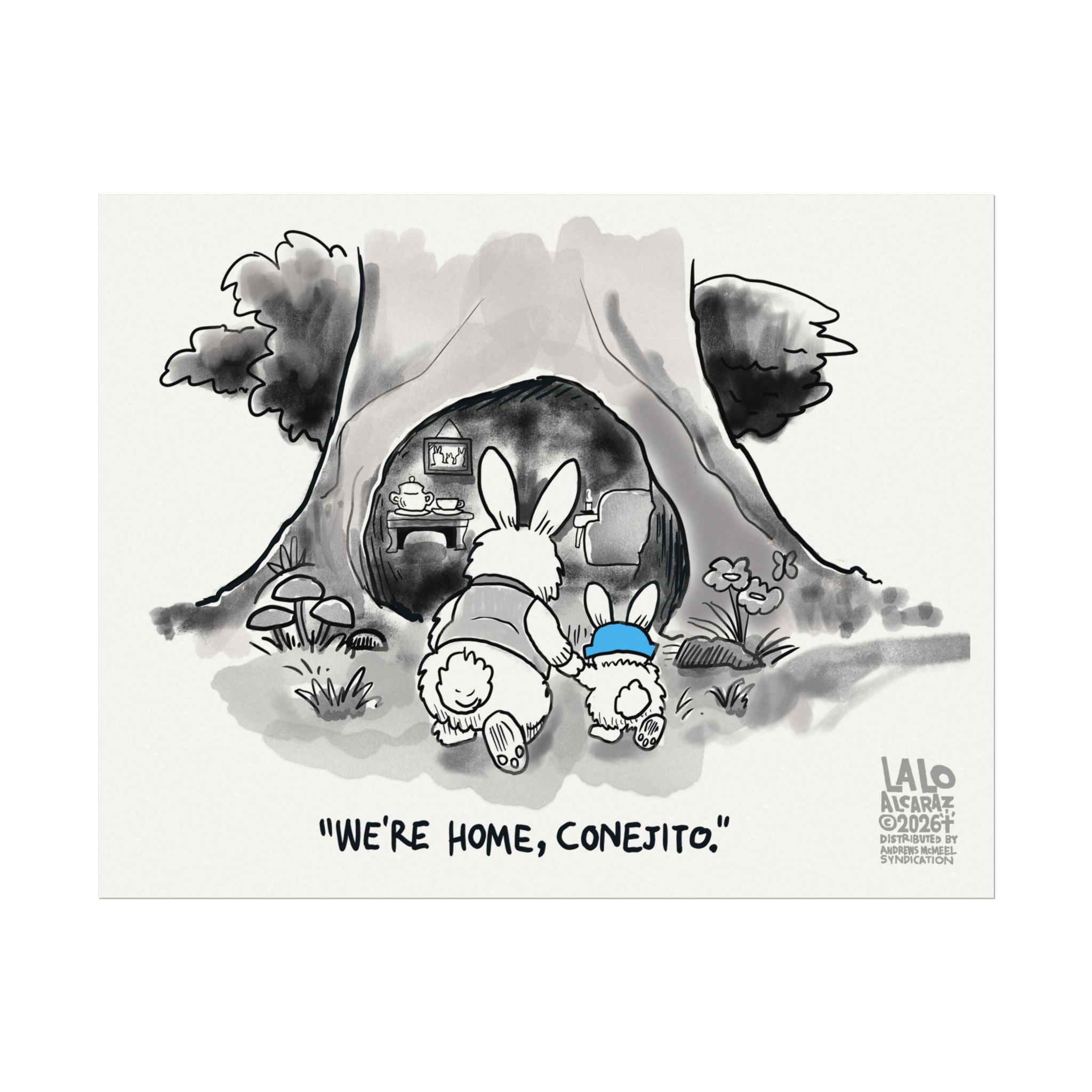 "We're Home, Conejito." Watercolor Poster Matte Art Print by Lalo Alcaraz