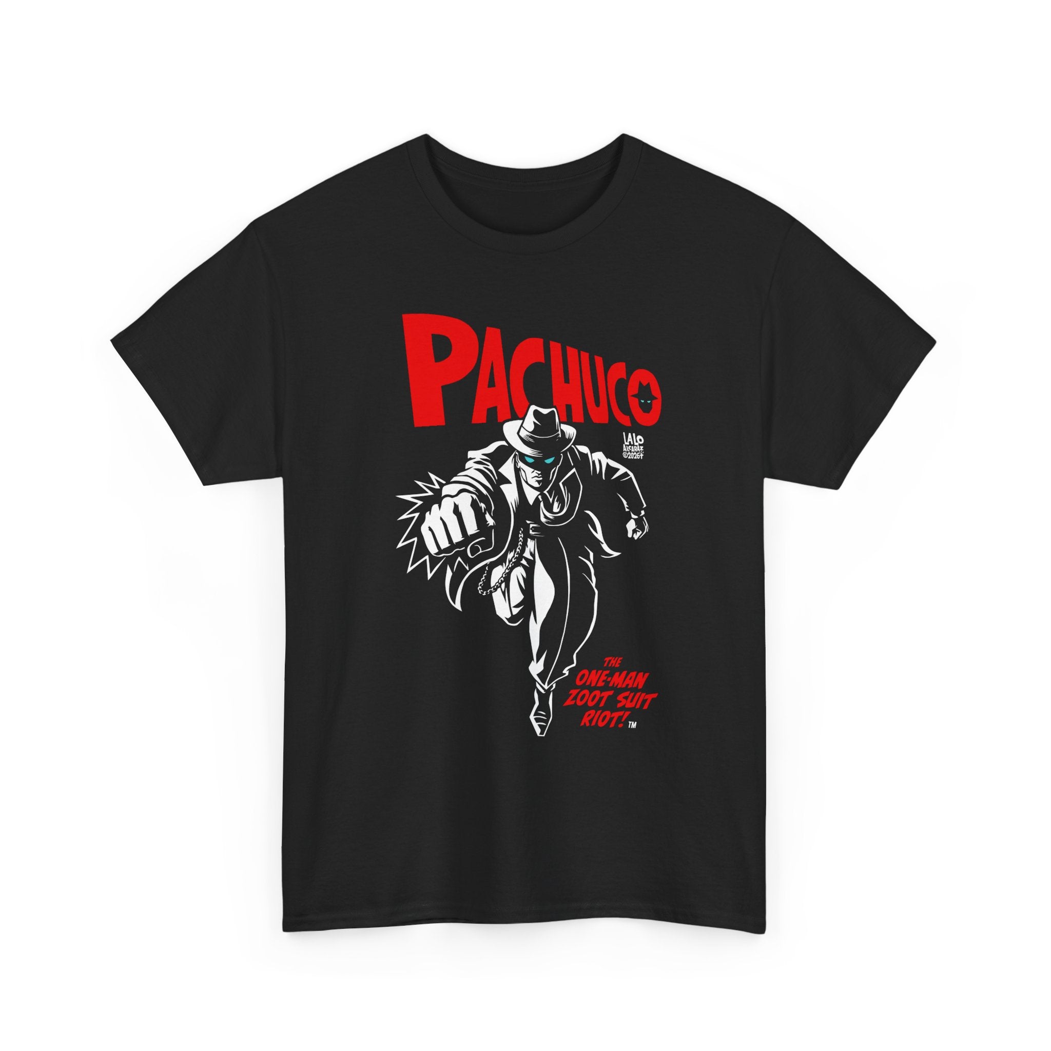 PACHUCO: The One-Man Zoom Suit Riot comic book character t-shirt by LALO ALCARAZ