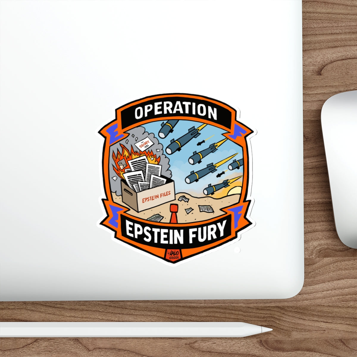 "Operation Epstein Fury" Graphic Emblem Die-Cut Sticker by LALO ALCARAZ
