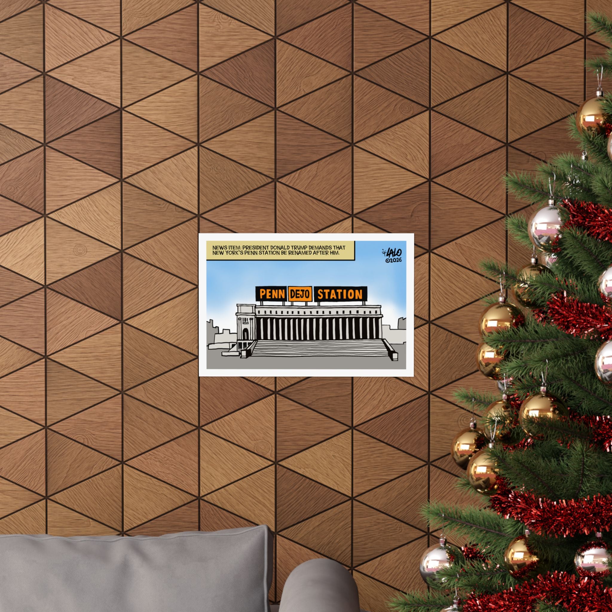 'PENN DEJO STATION' by LALO ALCARAZ - Horizontal Print Political Cartoon Matte Poster —